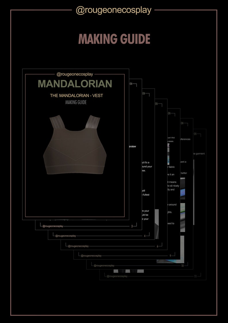 May include: A step-by-step guide for making a Mandalorian vest, featuring a black vest with gray straps and the text "@rougeonecosplay Mandalorian The Mandalorian - Vest Making Guide" at the top.