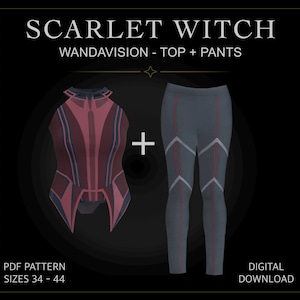 Könnte beinhalten: Ein digitales PDF-Schnittmuster für ein Scarlet Witch Wandavision Oberteil und Hosen-Set in den Größen 34-44. Das Oberteil ist dunkelrot mit dunkelblauen Akzenten und hohem Kragen. Die Hose ist dunkelgrau mit roten Streifen und Knie-Details.