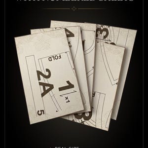 May include: A set of beige paper sewing patterns with black printed numbers and lines. The text reads REAL SIZE PATTERNS WITH NUMBERED SHEETS, REAL SIZE, A4 / US LETTER, and EASY TO ASSEMBLE. The sheets are layered, showing labels like 2A, 1, 4, and 3.