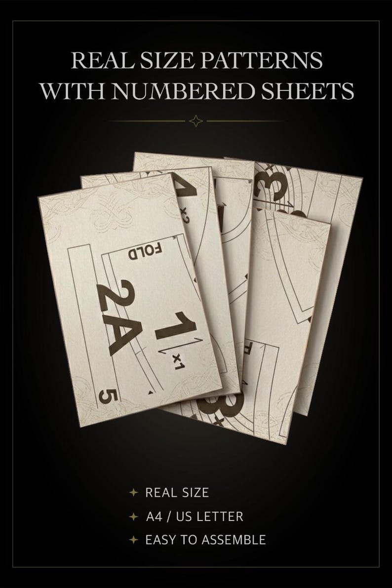May include: A set of beige paper sewing patterns with black printed numbers and lines. The text reads REAL SIZE PATTERNS WITH NUMBERED SHEETS, REAL SIZE, A4 / US LETTER, and EASY TO ASSEMBLE. The sheets are layered, showing labels like 2A, 1, 4, and 3.