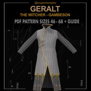以下が含まれることがあります： 黒の背景に、グレーと黄色のガンベソン（パッド入り衣服の一種）が写っています。画像には、「GERALT THE WITCHER - GAMBESON PDF PATTERN SIZES 46-68 + GUIDE」というテキストが含まれています。
