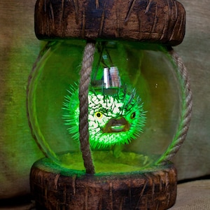 Tiki lamp - japanese float - cork - puffer fish - Tiki bar