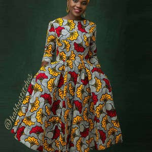 AFRICAN PRINT DRESS, Ankara Dress, Beautiful Floral Aesthetic Dupe Cotton African Fabric Long Sleeve Dress, African Wax Print Dress Gifts image 1