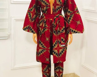 Atoke Kimono und Hose, Kleidung, Hosenanzug, Afrikanischer Print, edles Top und Hose, schwarzer Freitagshose, Arican Print Jacke.