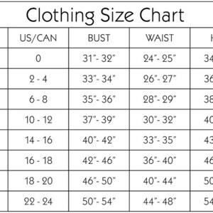 以下が含まれることがあります： US/CANサイズ、バスト、ウエスト、ヒップの寸法をインチで示した洋服のサイズ表です。