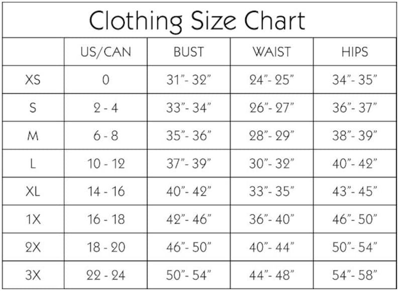 以下が含まれることがあります： US/CANサイズ、バスト、ウエスト、ヒップの寸法をインチで示した洋服のサイズ表です。
