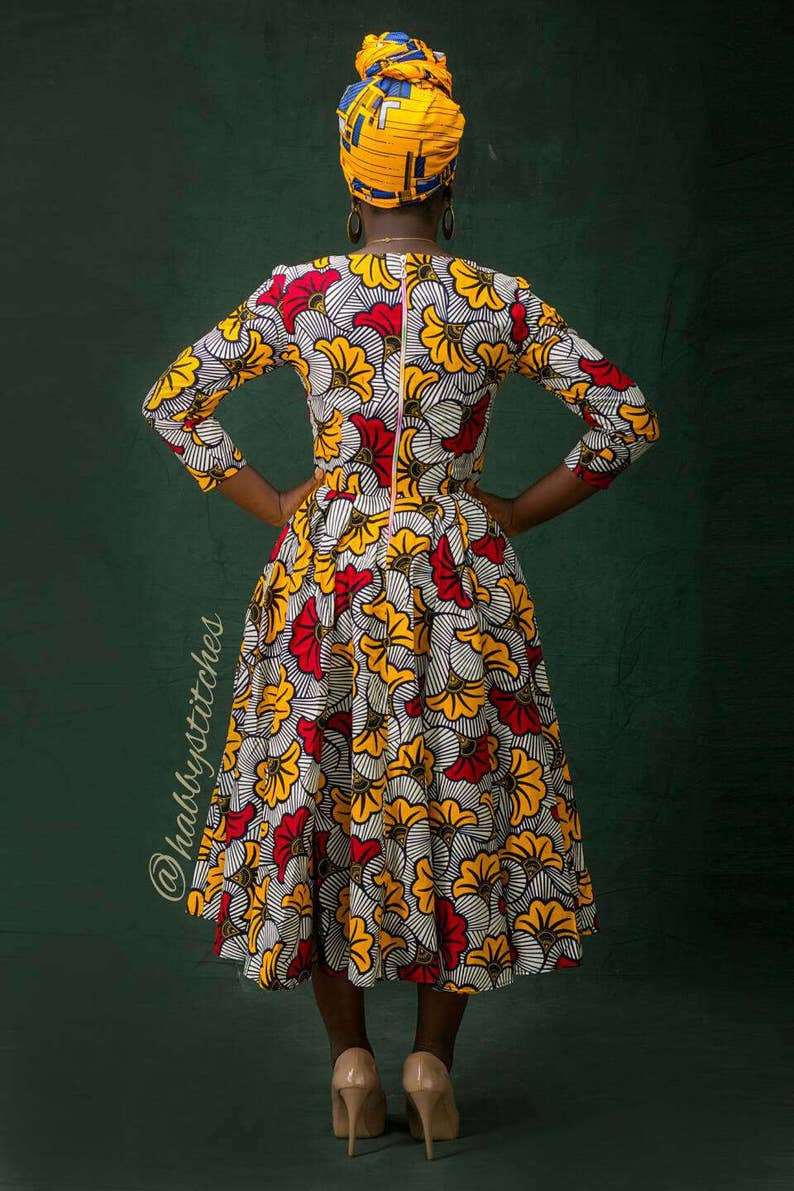 AFRICAN PRINT DRESS, Ankara Dress, Beautiful Floral Aesthetic Dupe Cotton African Fabric Long Sleeve Dress, African Wax Print Dress Gifts image 3