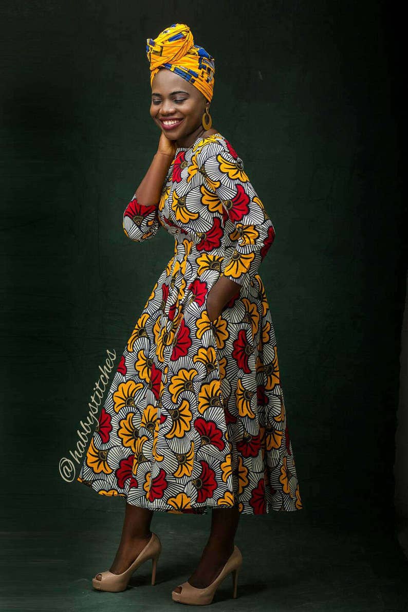 AFRICAN PRINT DRESS, Ankara Dress, Beautiful Floral Aesthetic Dupe Cotton African Fabric Long Sleeve Dress, African Wax Print Dress Gifts image 2
