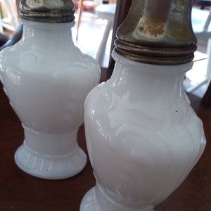 White Milk Glass Salt & Pepper Shakers - Raised Scrollwork