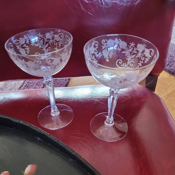 Champagne Stemware - Set of 2- Etched Rose Motif - 1950's