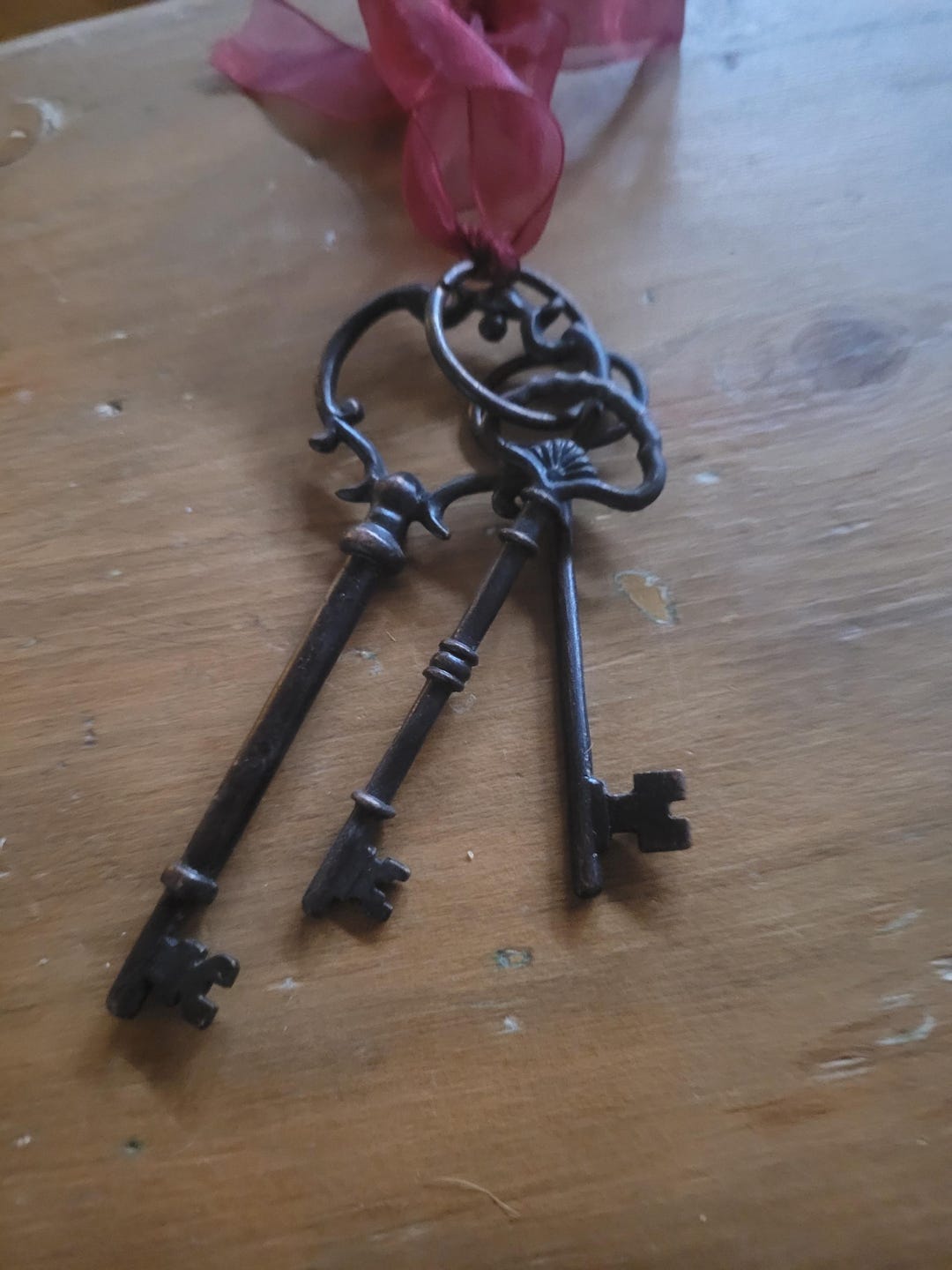 Set of 3 Keys on Ring Tied W/iridescent Red Ribbon - Ornament - Etsy