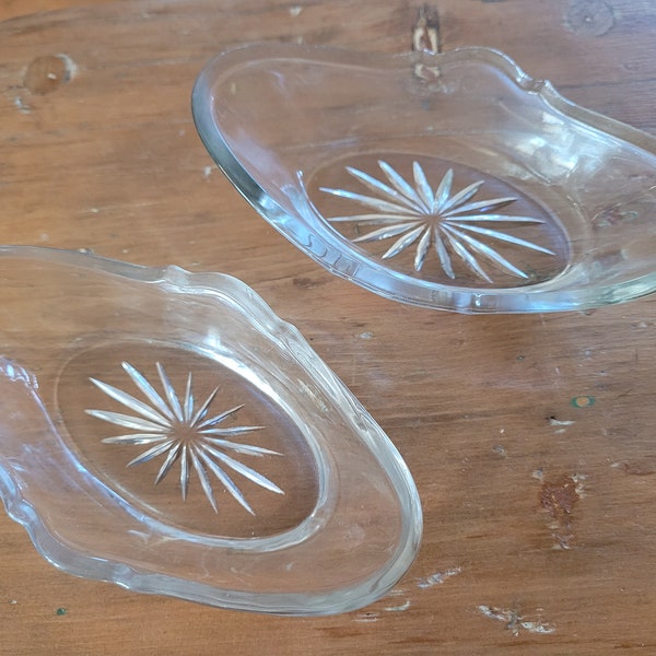 2 Small Clear Glass Oval Candy/Nut Bowls - Starburst on Base