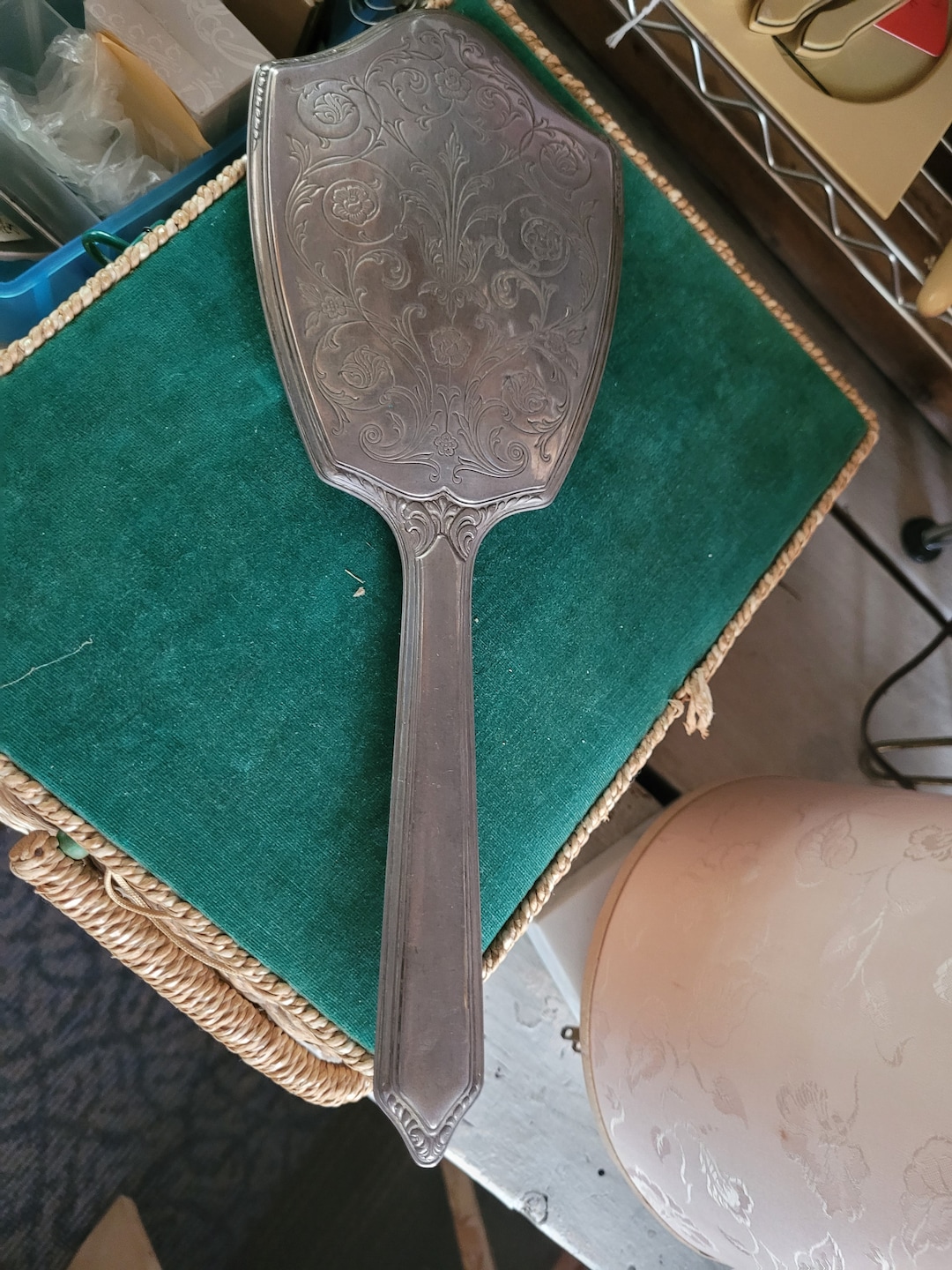 Silver Hand Mirror W/etched Floral Back Art Deco Mirror Etsy