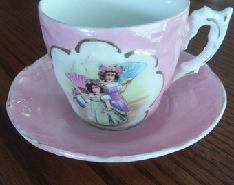 Pink China Child's Tea Cup & Saucer - Antique
