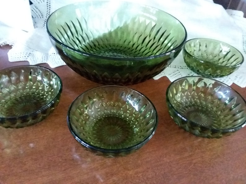 Vintage Emerald/dark Green Glass Salad Bowl Set 5 Pieces Etsy