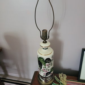 Column Table Lamp - Hand Painted Floral Design w/Decorative Brass Base - NO SHADE