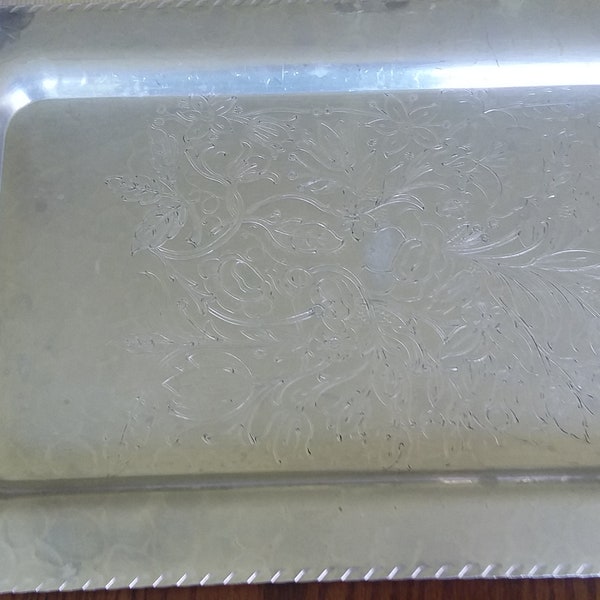 N.S. Co Wrought Aluminum Rectangular Tray w/Etched Floral Design