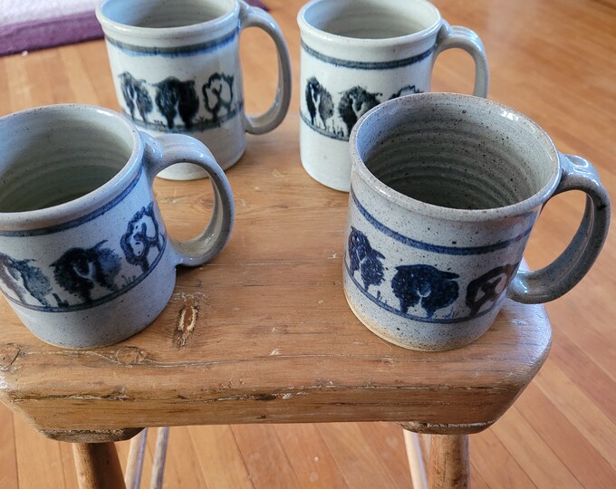 RESERVED Stoneware Salt Glazed Pottery Mugs W/blue Sheep Etsy