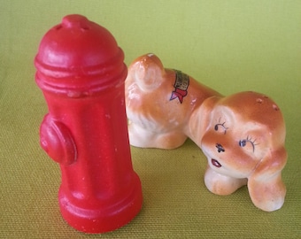 Dog and Fire Hydrant Salt & Pepper Shakers Japan - Vintage Ceramic