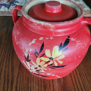 Red Stoneware Handpainted Cookie Jar w/Lid
