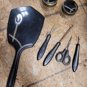 Art Deco Oval Beveled Hand Mirror w/2 Matching Powder Jars & Manicure Set - DuPont USA Black Celluloid