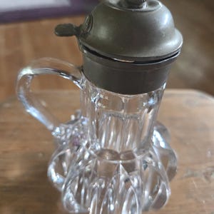 Flint Hand-Blown Heavy Glass Syrup Pitcher w/Metal Flip Lid & Spout - Lid Damaged - SOLD AS PICTURED