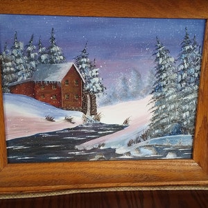 Grist Mill Oil Painting in Wooden Frame