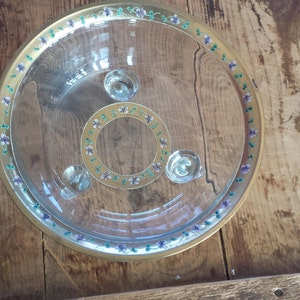 Clear Glass Footed Bowl Hand Painted Gold Rim w/Violets