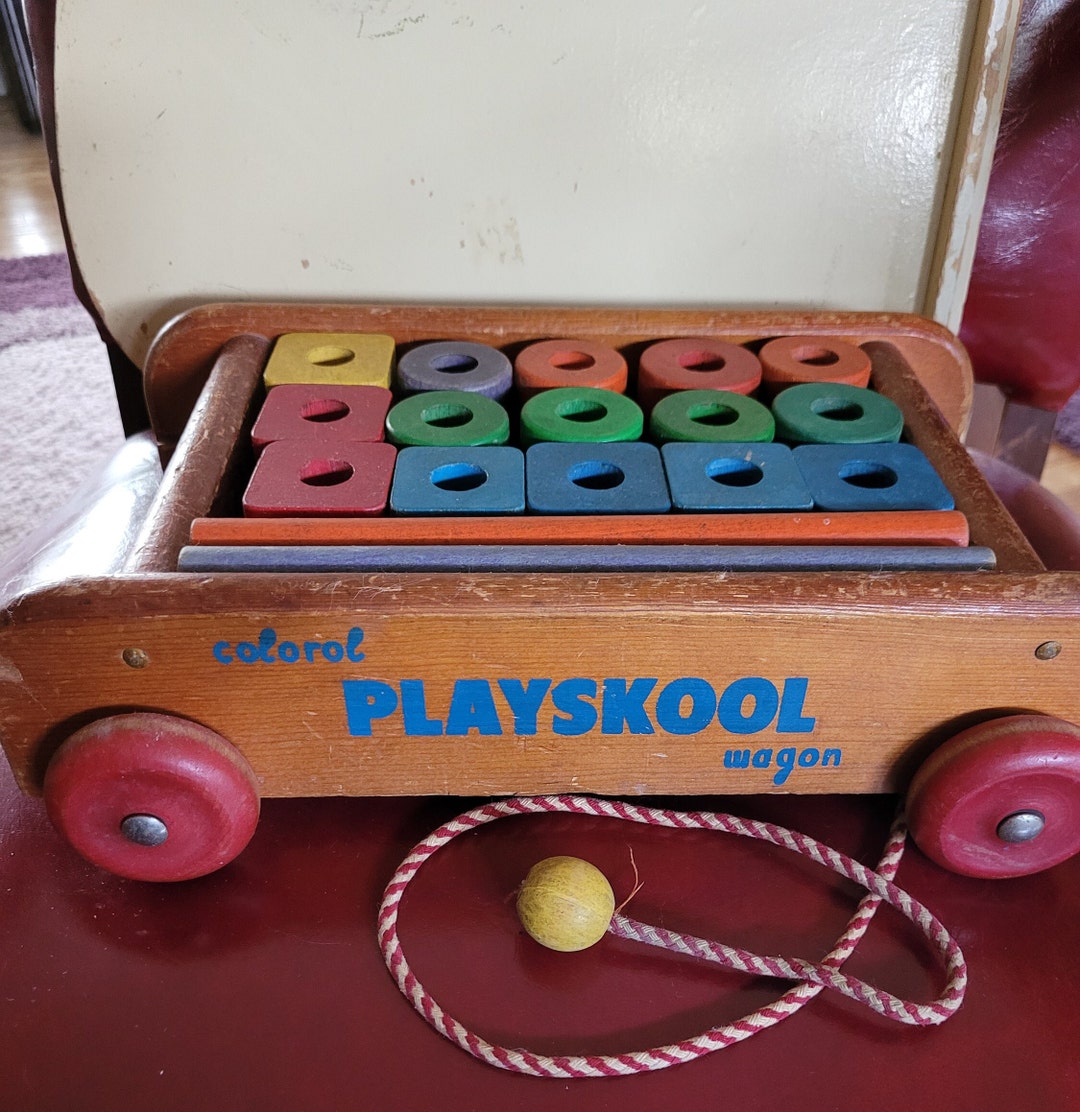 Playskool Colorol Wooden Wagon and Blocks Etsy