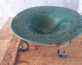 Geen Leaf Motif Bowl w/Metal Stand RPW - Rowe Pottery Works