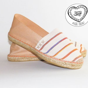 Flat striped espadrilles. Salmon and beige color. Organic cotton. Made in Spain