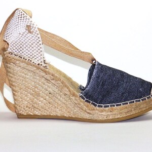 High wedge lace up denim espadrilles   Organic cotton  Alpargatas made in Spain