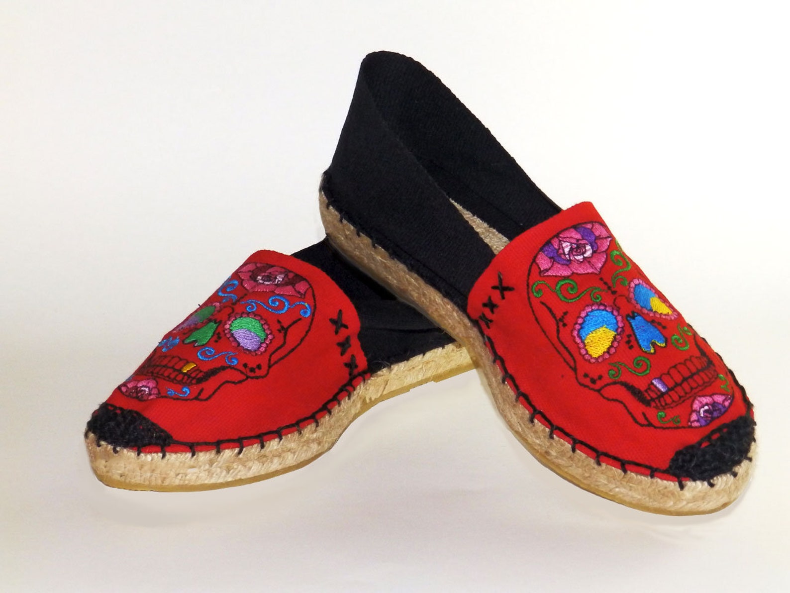 Embroidered Flat Espadrilles Mexican Skulls in Red. Sugar - Etsy