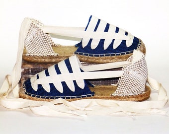 Lace up flat espadrilles: Bright Denim. Spanish traditional espadrilles. Organic cotton. Alpargatas made in Spain