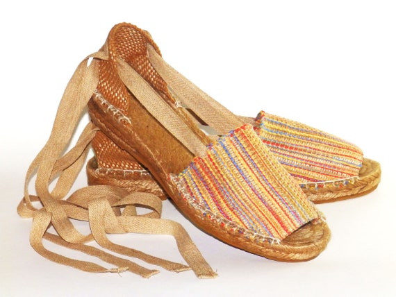 Open Toe Espadrilles Low Wedge Multicolor Burlap Fabric Etsy