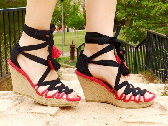 Espadrilles Sandalias Cuña Alta 10cm Boho negras y rojas | Etsy México