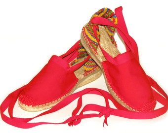 Red lace up espadrilles with low wedge. Organic Cotton.  Alpargatas made in Spain