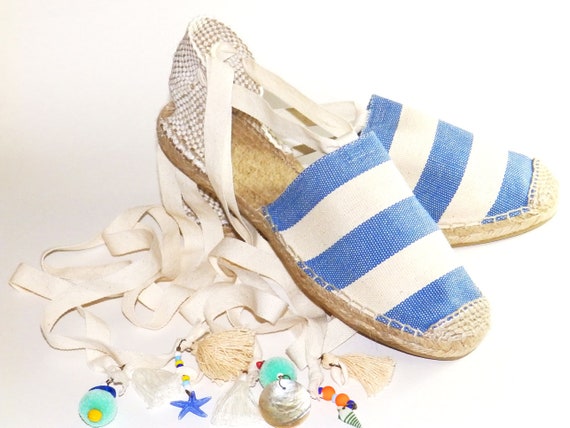 Espadrilles Alpargatas azules planas abiertas. Rayas | Etsy España