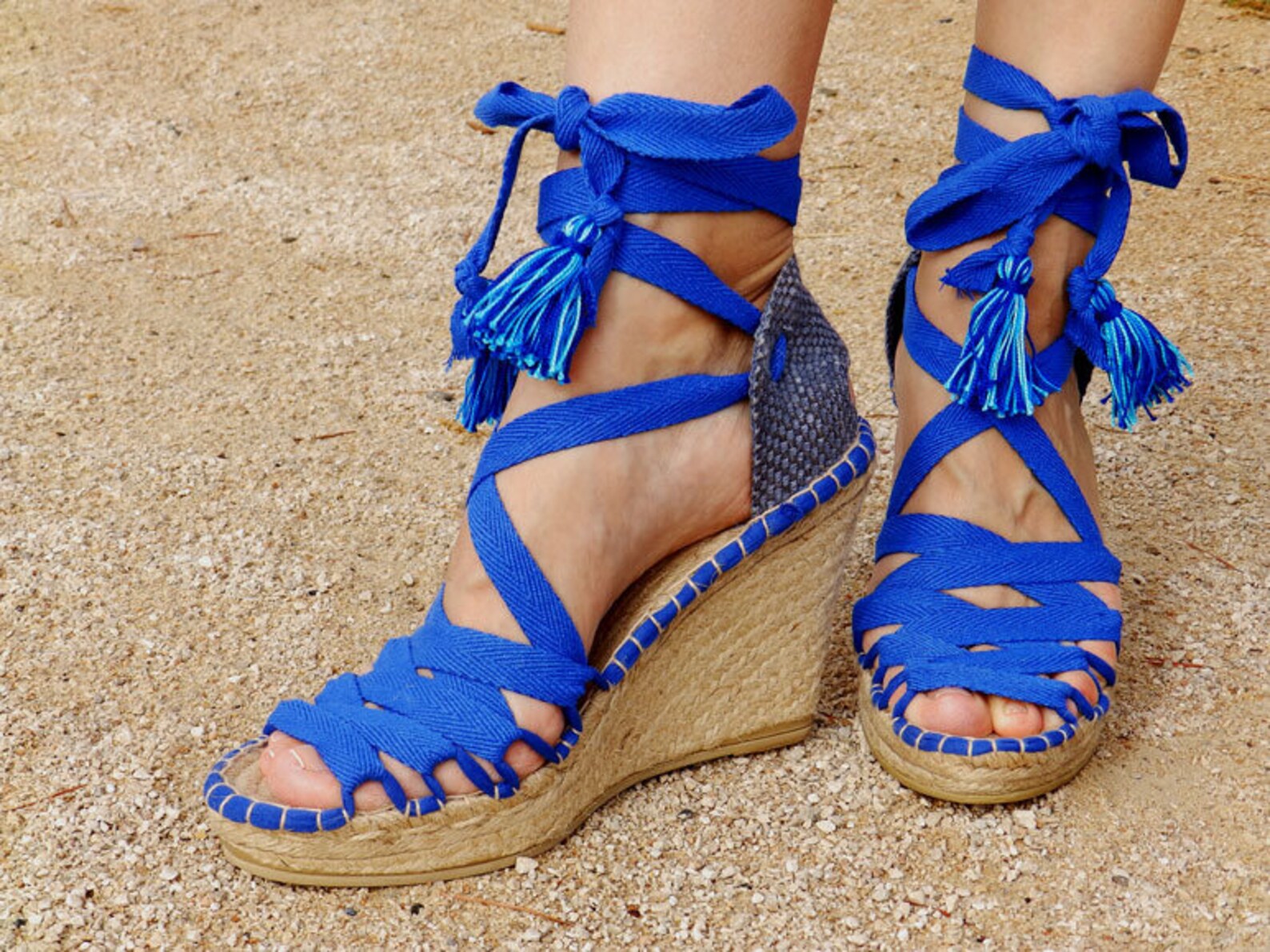 Blue Hight Wedge Sandals Spanish Espadrilles Boho Style Etsy
