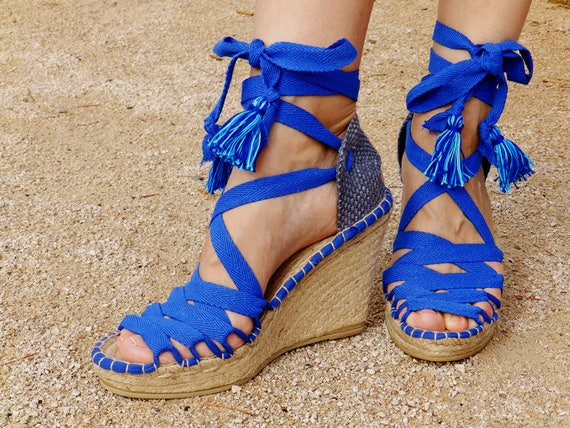 Blue Hight Wedge Sandals Spanish Espadrilles Boho Style - Etsy