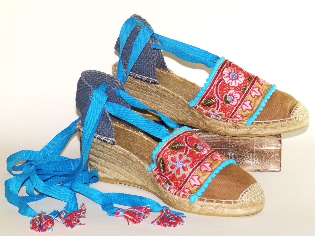 Lace up Wedge Espadrilles Decorated With Flower Embroidery - Etsy