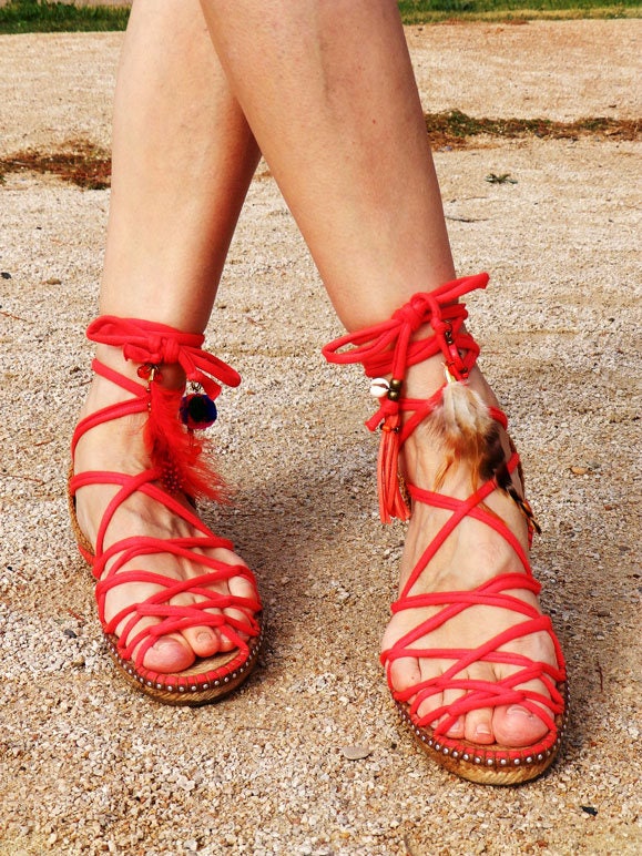 Greek Espadrilles Sandals With Feathers and Ornaments. Colour Coral Red.  Alpargatas Made in Spain 