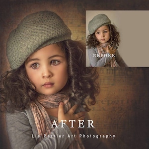 以下が含まれることがあります： グレーのベレー帽とピンクのストールをつけた若い女の子のビフォーアフター写真。左の写真は、女の子がより自然なルックで、右の写真は、女の子がよりスタイリッシュなルックで写っています。右の写真の上に「BEFORE」というテキストが表示され、左の写真の下に「AFTER」というテキストが表示されます。左の写真の下に「Lis Perrier Art Photography」というテキストが表示されます。