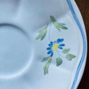 May include: A light blue saucer with a scalloped edge and a blue and green floral design. The flower has a yellow center.