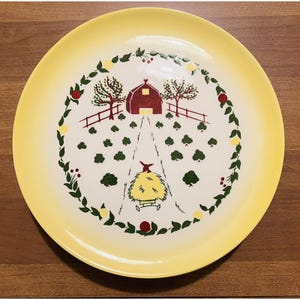 Vintage Brock of California Yellow Farmhouse Rooster Barn Dinner Plates 11&quot; -Six