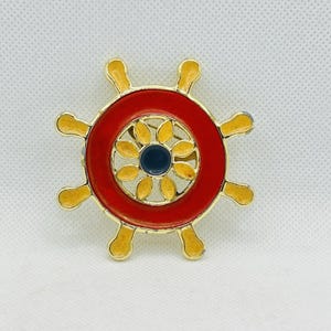 Vintage Gold Tone Ship Wheel Boat Helm Nautical Brooch Pin Enamel