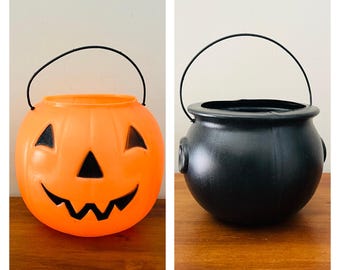 Vintage Halloween Pumpkin Candy Pail Blow Mold Plastic Candy Bucket Witches Caulderon