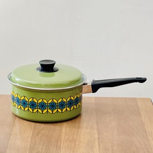 Vintage 70s MCM Monaco Green Enamelware Pot Pan with Lid Groovy Flower Pattern