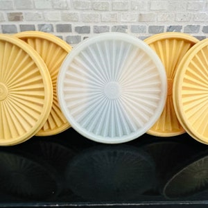 May include: A collection of round, yellow and white plastic lids. The lids have a sunburst design radiating from the center. The lids are arranged in a row, with their reflections visible on the black surface below.