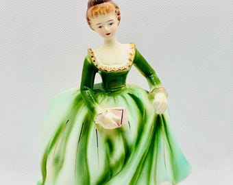 Vintage Porzellan Dancing Lady Figurine Planter / Vase Grün Ballkleid Brünett Mädchen in Kleid